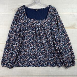 Lucky Brand Top Womens XL Blue Micro Floral Long Sleeve Square Neck Pullover